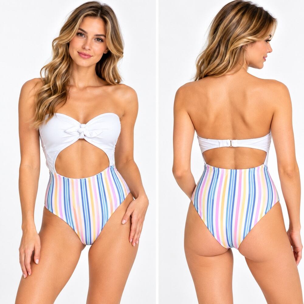 Xhilaration XS Striped Cutout One Piece Swimsuit Pink Blue NWT Missing Strap